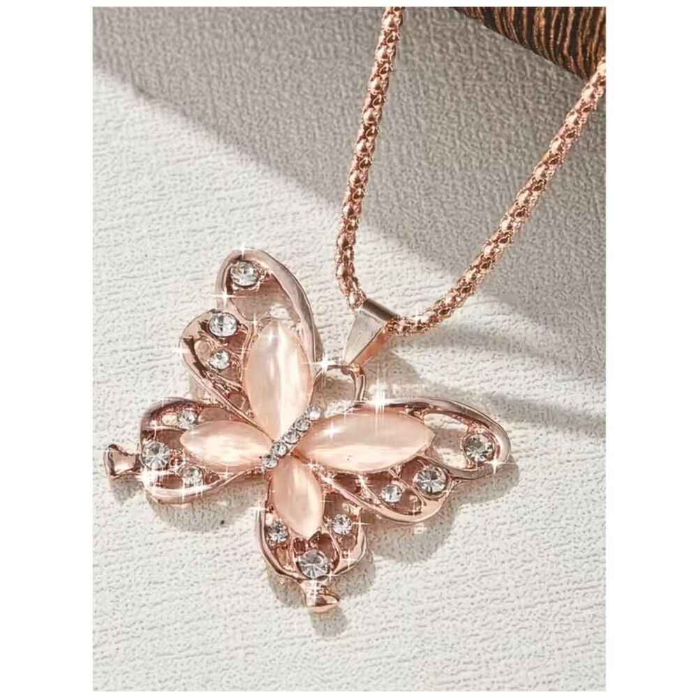 Necklace Butterfly Pendant Necklace with Synthetic Zirconia Rose Golden Finish